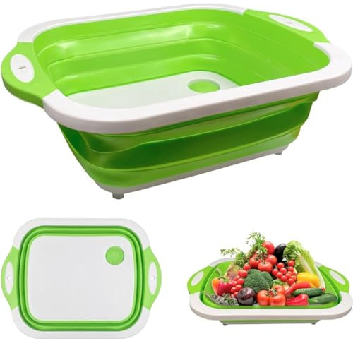 König Design Multifunktionale Faltbares Schneidebrett Mit Colander Containern Lebensmittel Grade Silikon Dish Tub Hackbrett Waschbecken Draining Korb Sieb für Home Kitchen Camping Picknick (Grün)