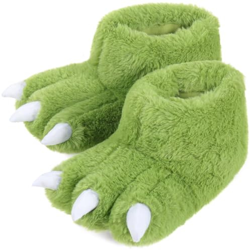 ULTRAIDEAS Tierpfoten-Hausschuhe für Damen und Herren, lustige Krallen-Hausschuhe für Erwachsene und Kinder, Unisex, niedliche Kostüm-Hausschuhe, Grüne Dinosaurierpfote, 3-4 Big Kid