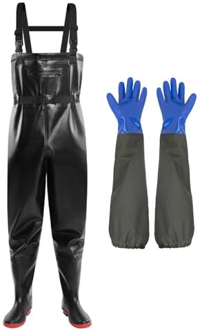 Aikelai Herren Wathose Wasserdicht Angeln Wathose mit langen Gummihandschuhen Isolierte Entenjagd Wathose - Schwarz (M10/W12)