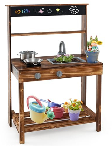 COSTWAY Mud Kitchen, Wooden Kids Toy Kitchen with Rotatable Faucet, Removable Sink, Stoves, Chalkboard, Outdoor Pretend Kitchen Playset for Boys Girls Ages 3-7