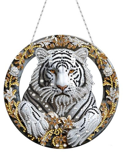 CXINLky DIY Diamond Painting Anhänger mit Kette, Diamant Painting Fensterbilder, Kreatives 5D Diamond Malerei Wandbehang Kits für Fenster Wand Eingang Garten Decor-04-Weißer Tiger