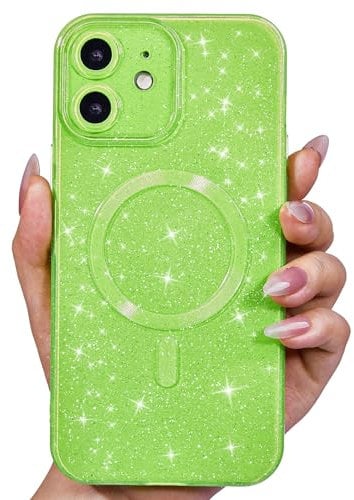 Svanove Glitter Case for iPhone 12 Phone Case Magnetic Compatible with Magsafe, Sparkle Bling Shiny Cute Girly Design, Aesthetic Slim Soft TPU Mag Cover for Women Girl, Neon Green