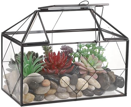 SUMTree Terrarium en verre noir avec grille prismatique, récipient à mousse de jardin avec couvercle basculant, boîte de présentation pour plantes succulentes, récipient rectangulaire en verre pour