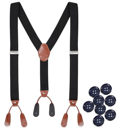 Kajeer Herren Hosenträger zum Knöpfen - Einstellbare Y-Form Suspenders 3,5 cm Breit, Braun Kunstleder für Hochzeit und Business