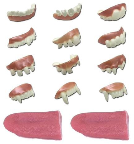 CWPFVQA 12 Pièces Dents De Vampire avec 2 Langues Artificielles, Accessoires De Costume De Vampire, Accessoires Magiques, Adaptés pour Halloween, Soirées À Thème Et Spectacles De Magie