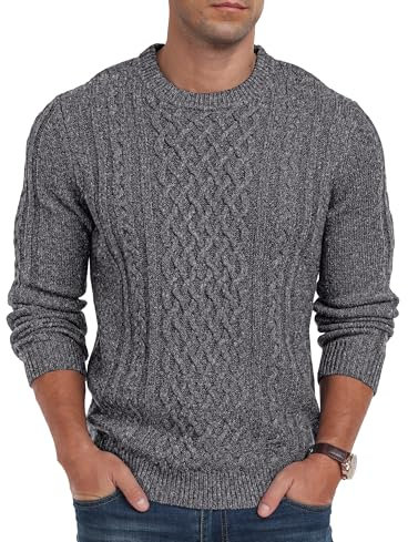 Hisir Men's Cable Knit Jumpers Casual Crew Neck Winter Thick Warm Long Sleeve Pullover Sweater for Men UK (Dark Grey, L)