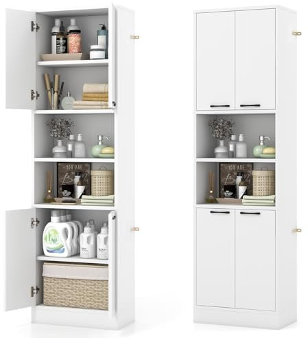 GIANTEX Badschrank Hochschrank, Badezimmerschrank 190 cm Hoch, Badkommode Aufbewahrungsschrank 6 Regalen & 4 Türen, Mehrzweckschrank Sideboard Küchenschrank Vorratsschrank 56x30x190 cm (Weiß)