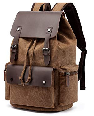 Rufun Leinwand Rucksack mit PU-Leder, Vintage-Stil, für Laptop, Schule und Reisen, Grau (Braun)