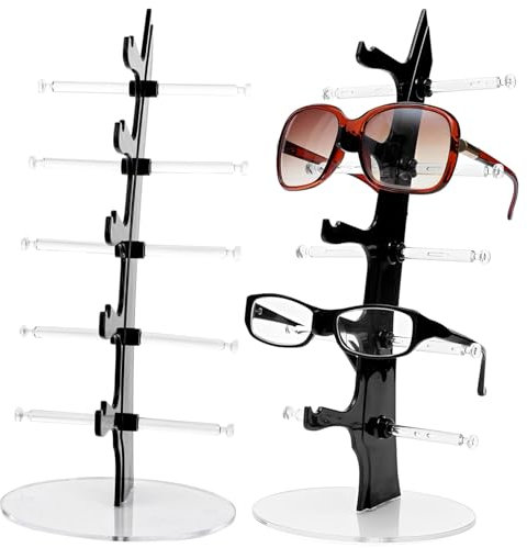 SHUESS 2 Stück Brillenständer für 5 Brillen, Brille Ausstellungsstand Sonnenbrille Rack Brillenständer Mehrere Brillen, Schwarz Brillenhalter Zur Aufbewahrung Und Präsentation(34x16cm)