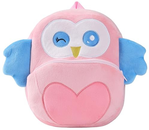 HAHASHOW Kinderrucksack ab 1 Jahr – Niedlicher 3D-Tierrucksack für Kleinkinder (2-4 Jahre), Leichter Kita Rucksack mit weichem Plüsch, Mini-Kindergartentasche für Jungen und Mädchen(Rosa Eule)