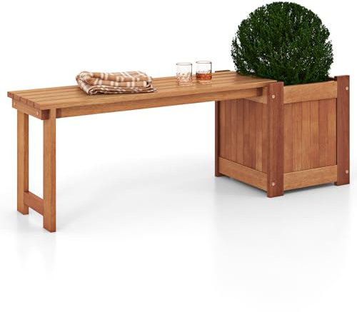 COSTWAY 2-in-1 Wooden Planter & Bench, Raised Garden Bed with Seat and Open-ended Bottom, Teak Oil Finish Outdoor Bench with 1/2 Flower Box for Patio Backyard Balcony (1 Planter Box)
