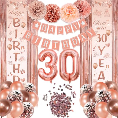 30th Birthday Decoration for Women, Rose Gold 30th Birthday Decorations, Happy Birthday Balloons Banner, Rose Gold Balloons Set, for Party Decoration Supplies for Girls and Boys