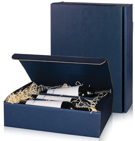 5x Flaschen Geschenkkarton Wein - Blau für 3 Flaschen - Verpackung in hochwertiger Leinenoptik