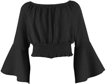Arshiner Girls Long Sleeve Bell Sleeves Kids Cotton Tshirt Elegant Off Shoulder Tops Strapless Blouse Fashion Spring Fall Shirt for Girls 9-10 Years Black