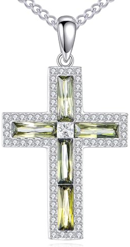 YFN Kreuz Halskette Sterling Silber Kubischer Zirkoniumdioxid Kreuz Anhänger Kette Religiös Schmuck Geschenke für Damen Herren (Grün)