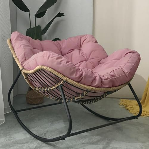 Chaise à bascule d'extérieur avec coussin - Chaise de salon surdimensionnée en rotin - Cadre en métal - Fauteuil à bascule confortable rose pour la détente