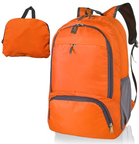 FENGZIZH Faltbarer leichter Reiserucksack, 30L wasserdichter Rucksack für Damen und Herren, langlebiger Tagesrucksack für Wandern, Camping und Outdoor-Abenteuer, Orange, L