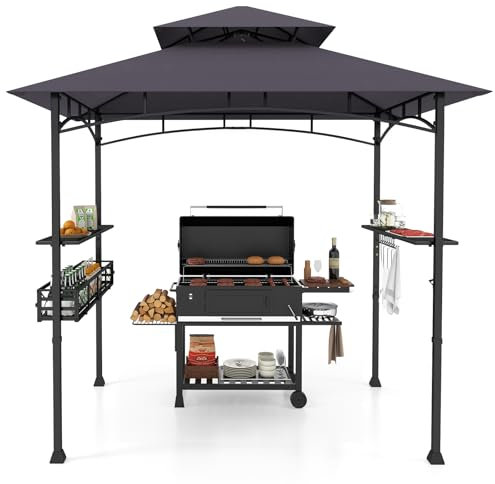 COSTWAY Gazebo per Barbecue, Pergola per BBQ con 2 Ripiani Laterali, Cestino, Ganci Appendiutensili, Apribottiglie, Copertura a 2 Livelli, per Giardino e Cortile, 242 x 153 x 250 cm (Grigio Scuro)