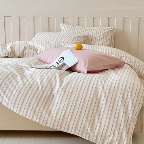 Michorinee Housse de Couette Rayée 140x200 Rose et Blanche - Parure de Lit Adulte 1 Personne avec Fermeture Éclair - Linge de Lit Rayures Imprimé avec Taie d'oreiller 65x65 cm