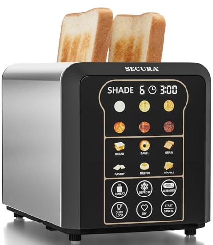 Secura Intelligenter 2-Scheiben-Toaster mit automatischem Anheben und Absenken, digitaler Countdown, breite Schlitze zum Toasten von Paneelen, Brot, Waffeln und mehr 6 Stufen