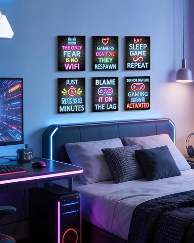 KUVIOKE Videospieler-Zimmer, Neon-Dekor für Teenager, Jungen, Gaming-Wandkunst, Gamer-Schilder, Teenager-Schlafzimmer, Dekoration, 6 Stück, 20,3 x 25,4 cm (gerahmt)