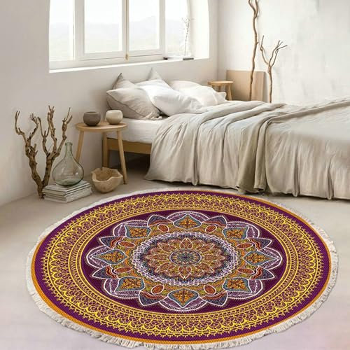 Gualiy Teppich Rund Vorzimmer, Teppich 90 Polyester Mandala Muster Teppiche Waschbar, Lila Gold