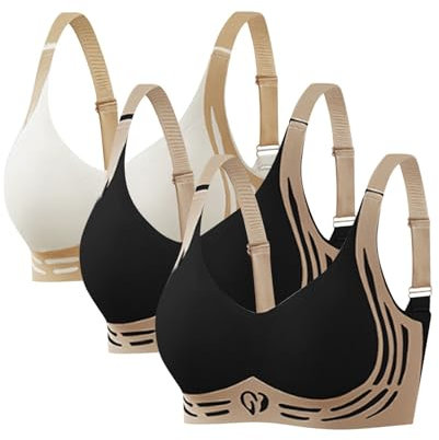 Bras for Sagging Breasts 3 Pack Lifting Anti-Sagging Bra for Older Women Super Gather Wireless Push-Up Bras Comfortable Full Coverage Ladies V Neck Padded Non Wired Seamless T Shirt Sports Bralettes