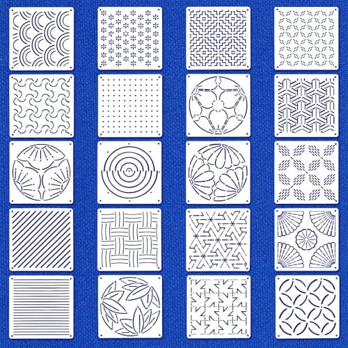 Quilax 20 Stück Sashiko Schablonen Set,13 × 13cm Kunststoff Sashiko Schablonenset,Geometrischer Stickstabilisatoren,für Handquilten und Nähen,Geometrische Muster