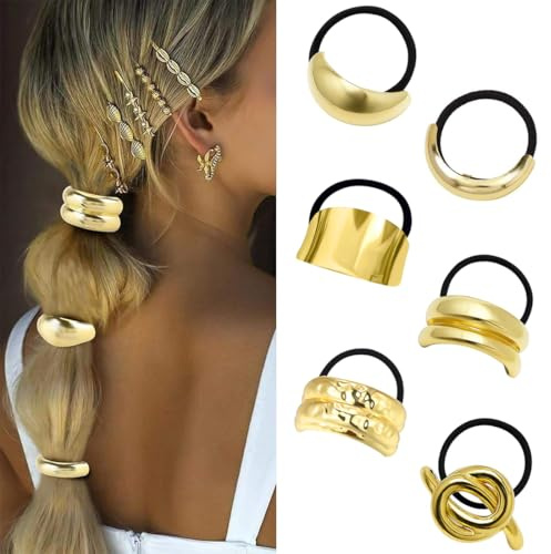 JYNXOR 6 Stück Goldene Haargummi Damen, Metall Haar Manschetten für Pferdeschwanz, Haarmanschetten für Pferdeschwänze, Punk Haar Halter, Ponytail Cuff