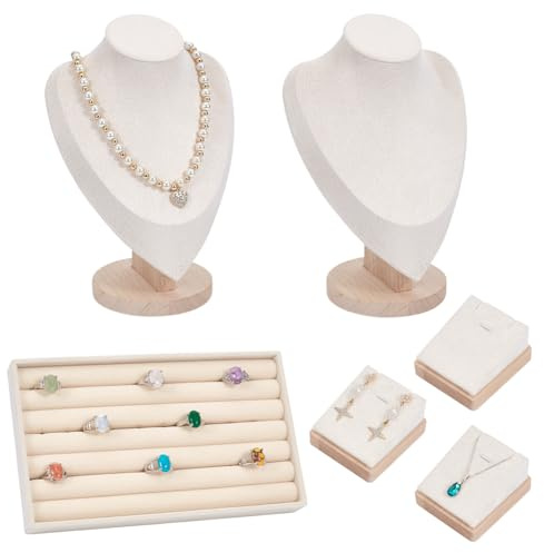 UNICRAFTALE 6pcs Velvet Jewelry Display Sets with Ring Organizer Stands Bust Shaped Necklace Stands and Organizer Trays Wood Jewelry Display Set for Vendors Store Trade Show