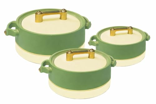 Rishabh Insulated Hot pot Casserole Hot & Cool Food Serving Dish with Lid, Double Wall. Stainless Steel Inside Set of 3 (Size 1500,2000, & 2500ml) (Sage Green)