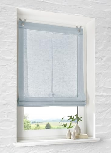 Raffrollo mit Ösen Brondy blau halbtransparent Leinenoptik Raffgardine mit Hakenaufhängung ohne Bohren Breite 45 cm x Höhe 140 cm