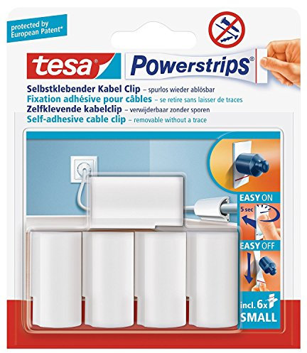 Maxipackung tesa Powerstrips® Kabel-Clip, selbstklebend, spurlos wieder ablösbar, weiß (1 Maxipack | 50 Clips, Kabelclips)