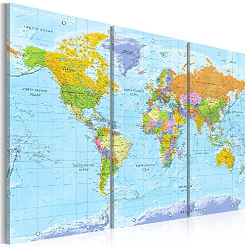 B&D XXL englische Weltkarte Pinnwand & Vlies Leinwand Bild 120x80 cm XXL Bilder mit Kork Rückwand Korktafel Kunstdruck Wandbilder Lernkarte Reise Landkarte k-A-0094-p-e