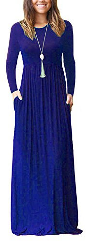 AUSELILY Women's Casual Long Sleeve Maxi Dress Loose Long Dresses with Pockets Royal Blue L