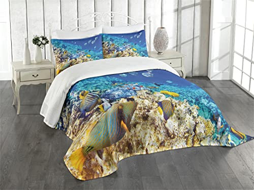 ABAKUHAUS Fisch Tagesdecke Set, Aquatic Corals, Set mit Kissenbezügen Waschbar, für Doppelbetten 220 x 220 cm, Hellgelb Türkis