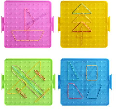 4Pcs Assorted Color Plastic Geoboard Set with Elastic Bands for Kids Mathematics and Geometry Learning, 16Cm Nail Board for Classroom and Home Use