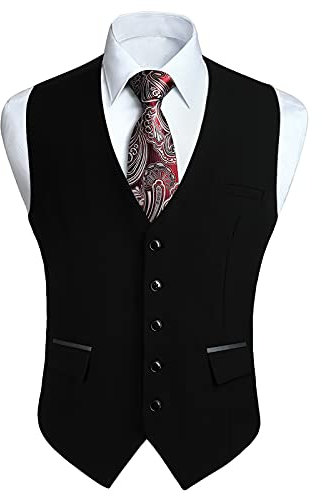 HISDERN Weste Anzug Schwarz Herren Klassische Hochzeit Business Anzugweste Casual Mode Party Westen Formal Smoking Anzugweste mit Taschen XXXL