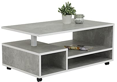 Hela Tische, Couchtisch Wohnzimmertisch, Holzwerkstoff melaminbeschichtet, Betonoptik, viel Stauraum, auf Rollen, 110 x 68 x 50cm