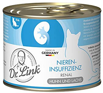 Dr. Link Spezial-Diät Katzenfutter für Katzen und Kater, Nieren, Proteinquelle Huhn & Lachs – Premium-Diät-Alleinfuttermittel, mit Omega-3 Fettsäuren, Unterstützung der Nierenfunktion – 6x200g Dose