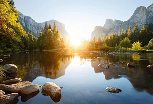 Renaiss 1.5x1m Lac Rivière Montagne Photographie Fond Yosemite Valley Nature Paysage Toile de Fond Forêt Parc Lever du Soleil Paysage Voyage Enfant Adulte Portrait Tir Photo Studio Props