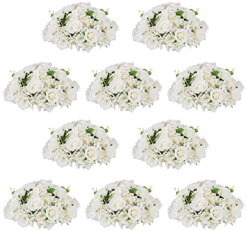 NUPTIO Blumenstrauß, künstliche Rosenarrangements, 39,9 cm Durchmesser, weiße künstliche Rosen, Kugeln für Tafelaufsätze, Tische, künstliche Rosenarrangements für Hochzeiten, Tischdekorationen, 10