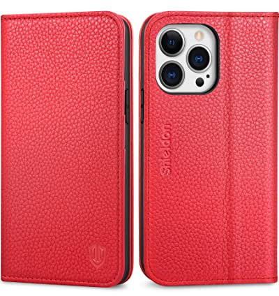 SHIELDON Hülle für iPhone 13 Pro 5G Lederhülle [Rindsleder] [Lifetime Garantie] [RFID-Sperre] [Kartenfächer] [Magnetverschluss] TPU Klappbar Schutzhülle Kompatibel mit iPhone 13 Pro 6.1 - Rot