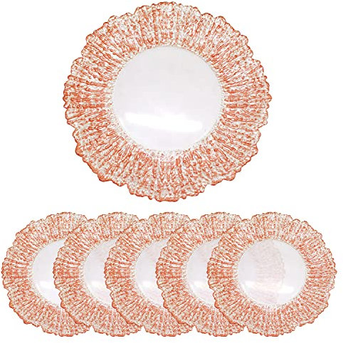 Trimming Shop 33cm Rose Gold Crackled Design White Glass Charger Plates for Dinner Table Decorations, Weddings, Parties, Birthdays – 13 Inch Silver Crackled Design Glass Charger Plates, Pack of 6