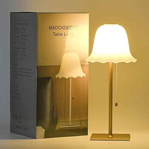 MADCKDEDRT Lampe de table sans fil rechargeable,abat jour en verre pétale,base aluminium,Convient pour l'éclairage dans le salon, la table à manger et la chambre à coucher (Or)