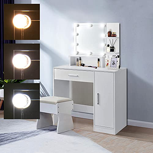 ML-Design Schminktisch Weiß, Frisiertisch mit LED-Beleuchtung, Spiegel, 1 Schublade, 3 Fächer & Schrank, 90x38x137 cm, Kosmetiktisch für Damen und Mädchen, Frisierkommode aus MDF Holz, Make-up Tisch