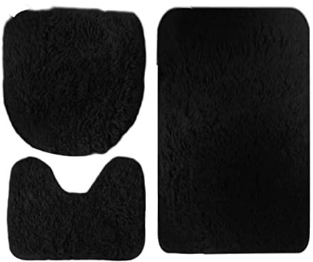 3-teiliges Badezimmer Set | Badezimmermatte,U-förmige Konturmatte,Dehnbarer Design Toilettensitz 3er-Set | Badvorleger Toilettenmatte Badezimmerteppich-Set | (Schwarz, Einheitsgröße)