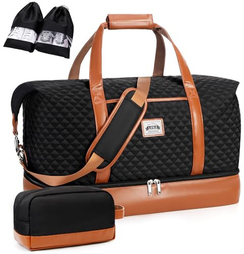 Lekebobor Weekender Tasche für Frauen Übernachtungstasche mit Schuhtaschen & Schuhfach & Kulturbeutel, schwarz, 50L