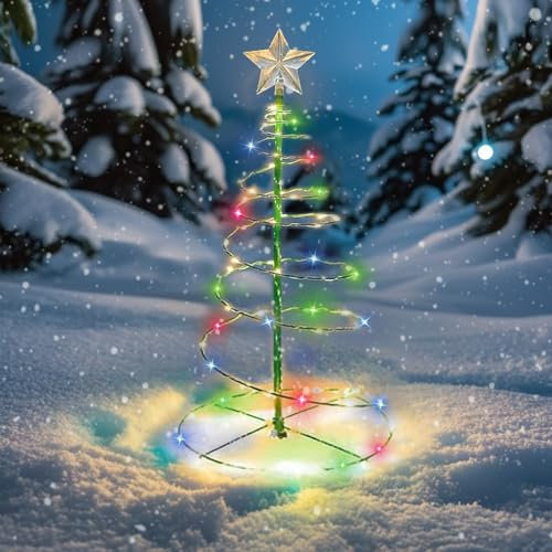 Arbol de Navidad Exterior Luz Solar, Guirnalda Solar Exterior Jardin, Luces de Navidad Solares Integradas, Decoracion Navidad Luz Incorporadas, Adornos Navidad Cadena LED Espiral (Colorido)