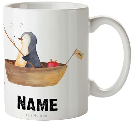 Mr. & Mrs. Panda Personalisierte Tasse Pinguin Angelboot - Personalisierte Geschenke, Tasse mit Namen, Pinguine, Wunschname, Neuanfang, Angeln,